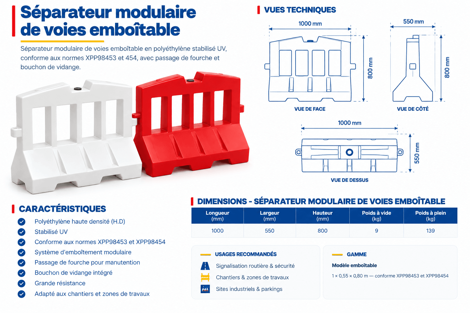 Schéma technique Séparateur Modulaire de Voies Emboîtable — dimensions