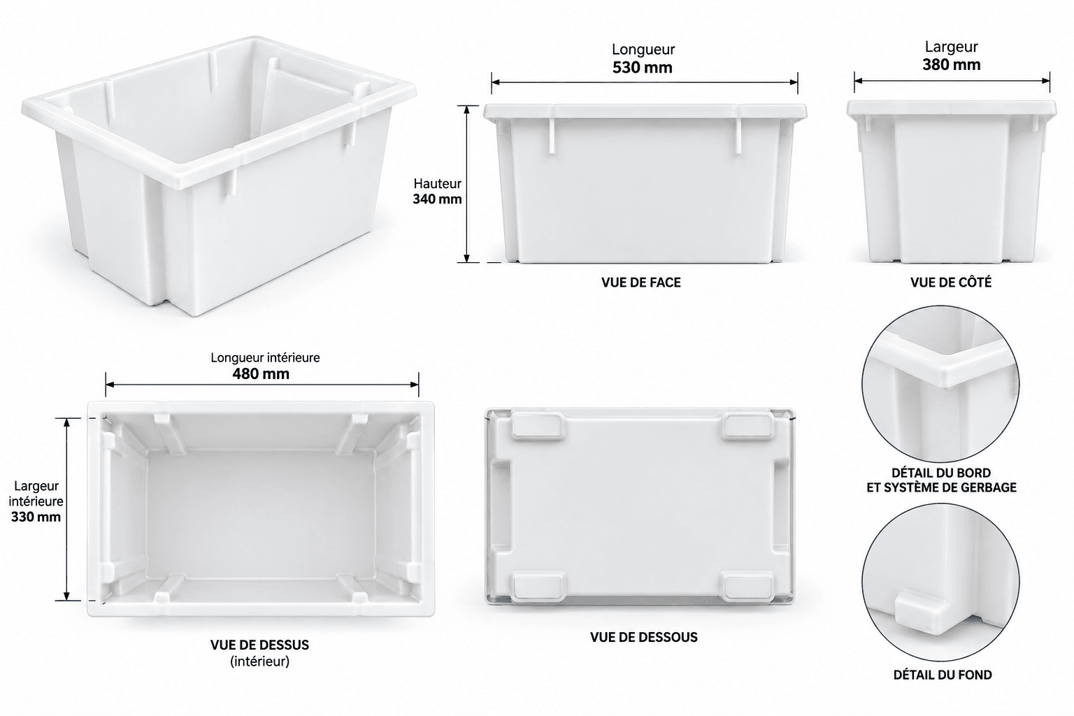Schéma technique Bac Gerbable 70 litres — dimensions