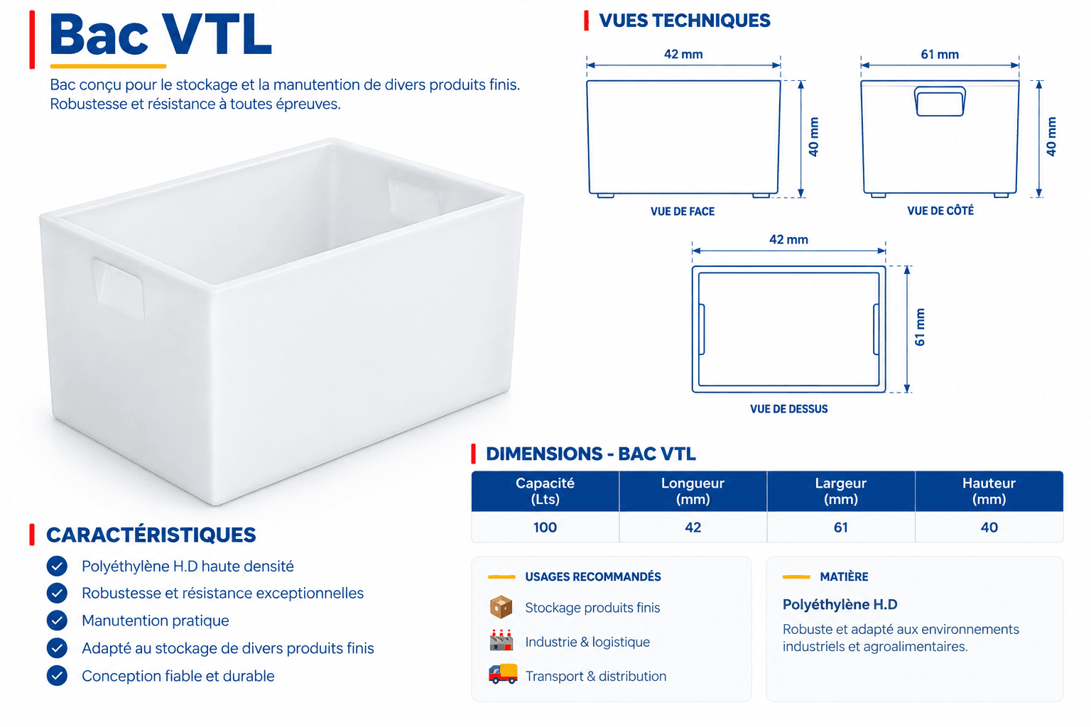 Schéma technique Bac VTL — dimensions