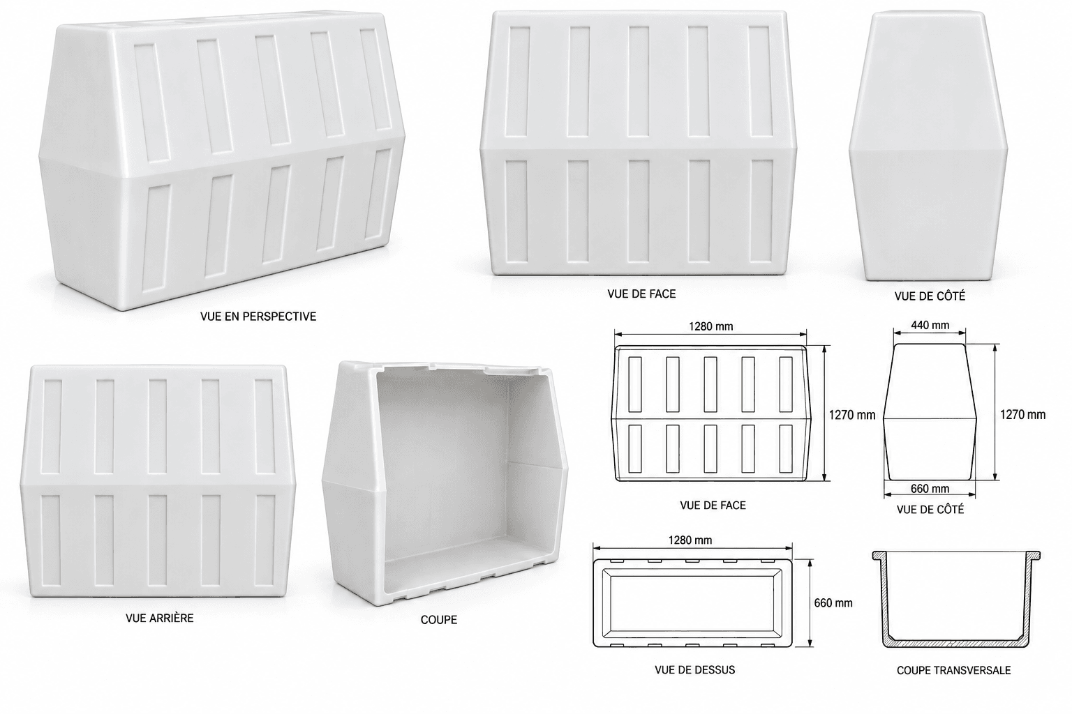 Fût Parallélépipédique 950L — dimensions 1270 x 670 x 1270 mm